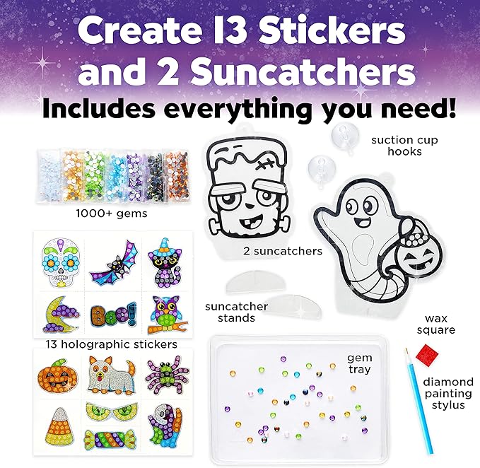 Creativity for Kids Halloween Big Gem Diamond Painting Kit | Create 13 Spooky Stickers & 2 Suncatchers with 1000+ Colorful Gems | Fun for Parties, Gifts & Seasonal Décor (Ages 6+)