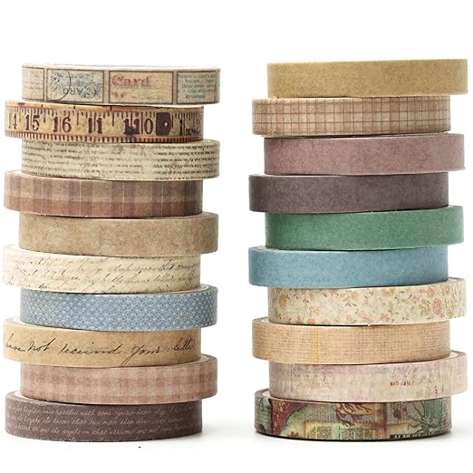 YUBX Vintage Washi Tape Set 20 Rolls Skinny Retro Decorative Antique Patterns Masking Tapes for Arts, DIY Crafts, Journals, Planners, Scrapbook, Wrapping (Vintage)