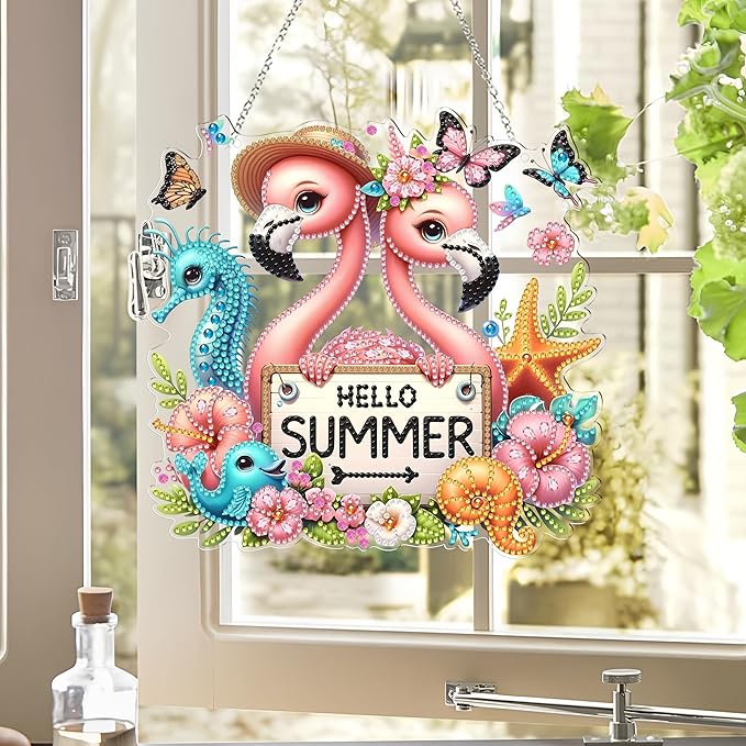 DIY Hanging Diamond Art Kit for Adult – 5D Gem Art Window & Wall Pendant, Acrylic Diamond Painting Ornament for Home & Garden Decoration (Summer Flamingos)