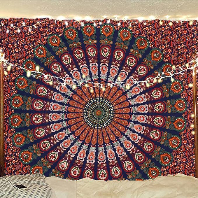 bless international handmade indian hippie bohemian psychedelic peacock mandala wall hanging college dorm beach throws table cloth bedding tapestry (golden red green, king(88x104inches)(225x265cms))