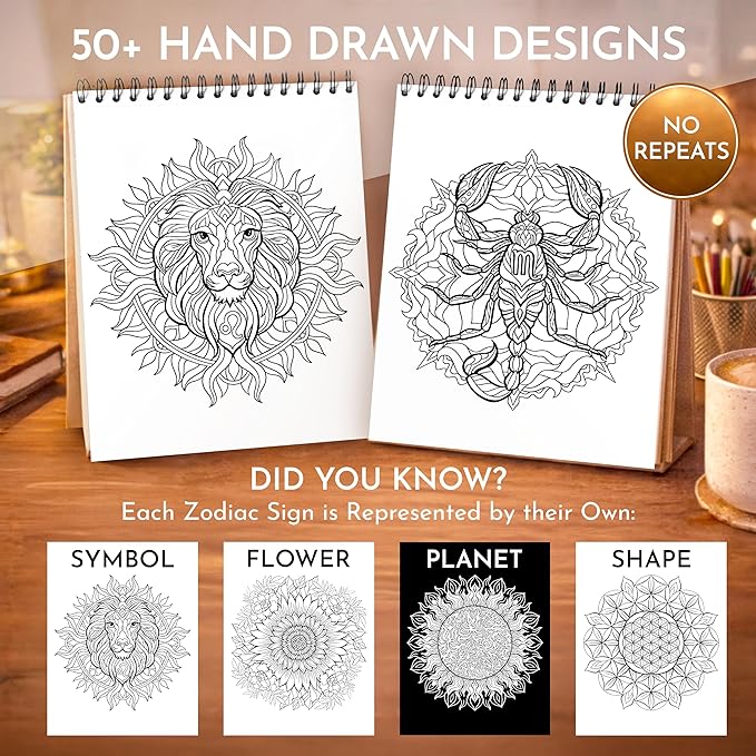 Premium Zodiac Mandala Coloring Book for Adults – 50 Astrology Designs – 180gsm Thick Bleed-Proof Paper, Spiral Bound Lay-Flat, Perforated – Frameable Art, Horoscope Gifts for Women, Star Signs
