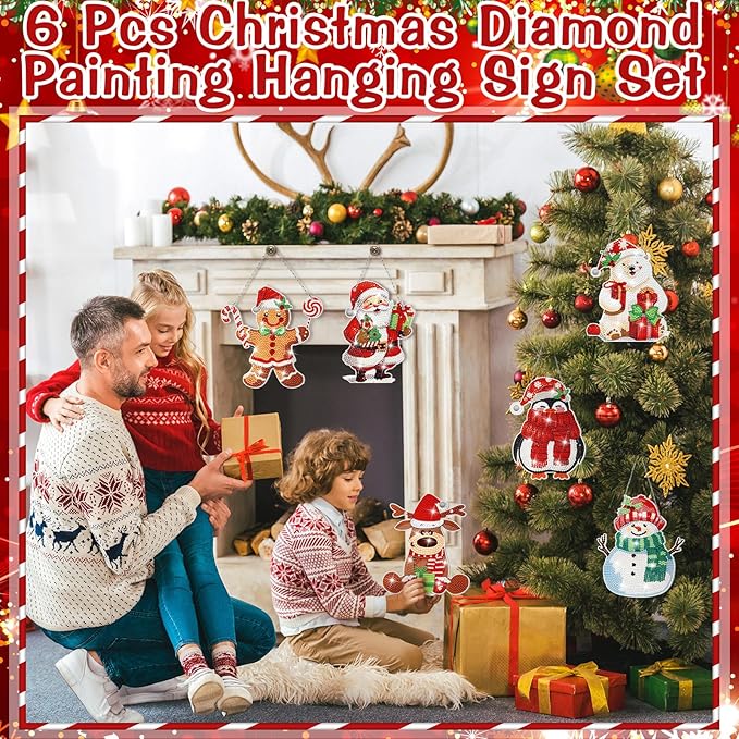 Pickmesh 6 Pcs Christmas Diamond Painting Hanging Sign Set Santa Snowman Gingerbread Man Diamond Art Kits 5D DIY Christmas Ornaments Kits for Winter Wall Door Window Decor