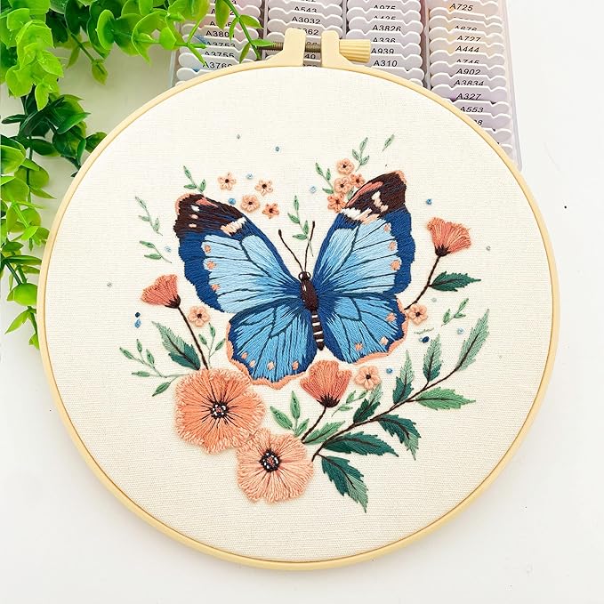 Silentsea Embroidery Kit, Floral and Nature Designs, 3-Pack with Hoops, Needlework Pattern Set (Butterfly)