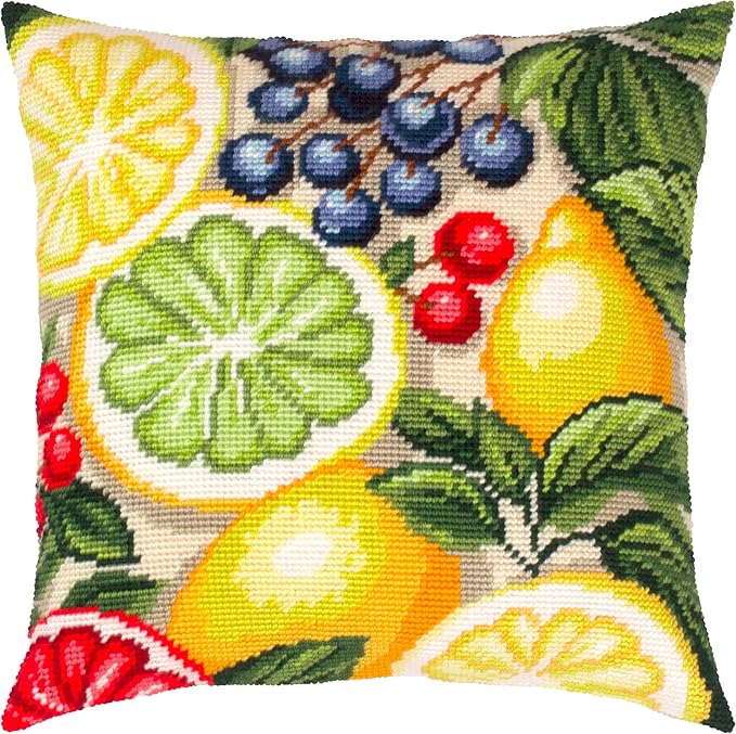 Brvsk Needlepoint Kit for Adults and Beginners — Fruity Fiesta 16″ × 16″ with Clear, Precise Printed Design on Cotton Canvas; Includes 2 Needles, Yarn, and Easy-Read Chart