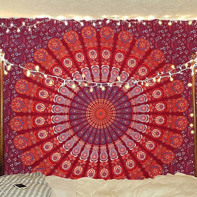 bless international handmade indian hippie bohemian psychedelic peacock mandala wall hanging college dorm beach throws table cloth bedding tapestry (blue red, queen(84x90inches)(215x230cms))