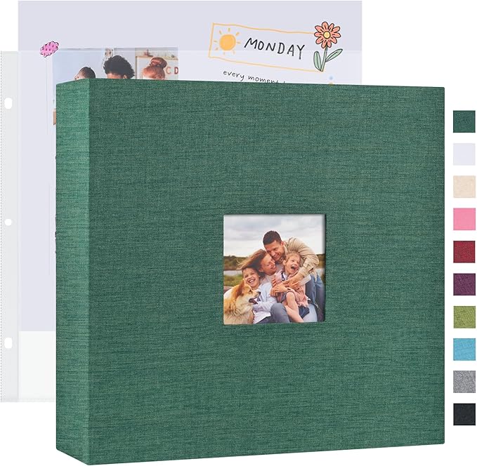 Mublalbum 12x12 Inch DIY Scrapbook Photo Album with 40 Plastic Sleeves 80 Pages Linen Cover 3 Ring Folder Binder for Wedding Baby Family and DIY Projects (Dark Green)