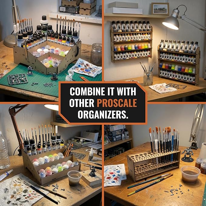 Wall Paint Rack Organizer for Miniatures & Modeling, Vertical Paint Stand with 26mm Dropper Holes + Top Brush/Tool Holder, Compatible with Vallejo, Army Painter, AK (26mm)
