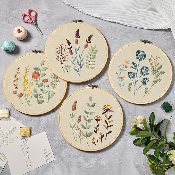 bonroy 4 sets embroidery kit for beginners,embroidery kit for art craft handy sewing include embroidery clothes with pattern,embroidery hoops, instructions,color threads needle kit (multi 5)