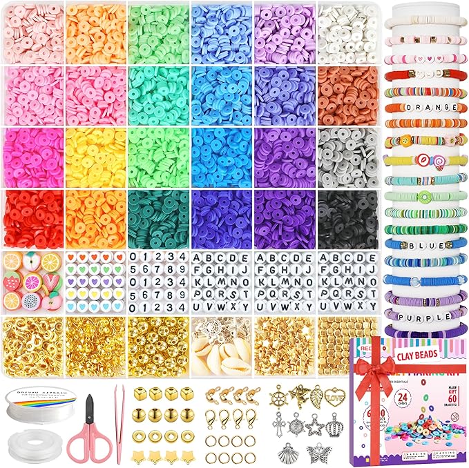 Redtwo 6200 Clay Beads Bracelet Making Kit, 24 Colors Flat Preppy Beads for Friendship Bracelets, Polymer Clay Bead with Charms for Jewelry Making, Crafts Gifts for Girls Ages 6-12