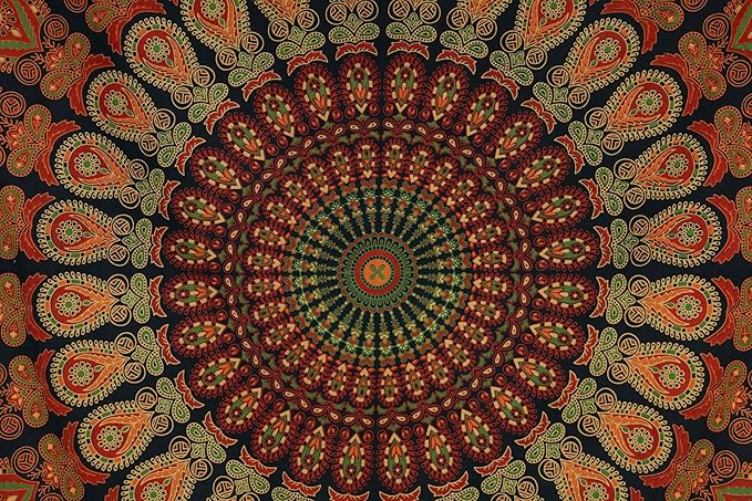 bless international handmade indian hippie bohemian psychedelic peacock mandala wall hanging college dorm beach throws table cloth bedding tapestry (golden green, twin(54x72inches)(140x185cms))