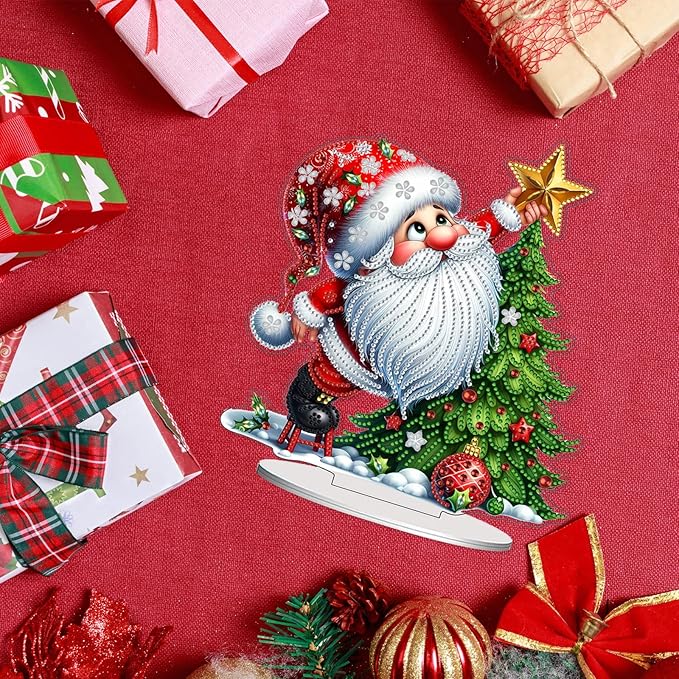 VODAPYC Christmas Gnome Diamond Art Tabletop, DIY Stand Up Double Sided Special Shaped Diamond Art Desktop Ornaments for Home Decor(Santa Christmas Tree)