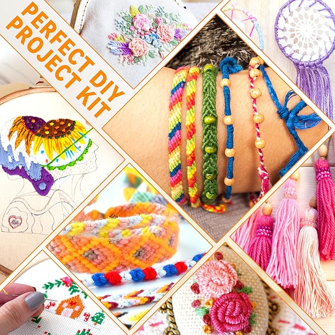 bymore 262 pack embroidery thread floss kit including 200 colors 8 m/pcs cross stitch sewing thread with floss bins and 62 pcs cross stitch tool,4-tier transparent storage box