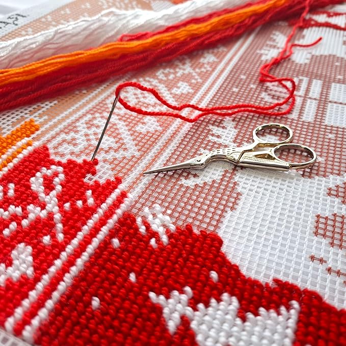 Brvsk Festive Embroidery Kit for Adults and Beginners — Scandinavian Christmas 16″ × 16″ with Clear, Precise Printed Design on Cotton Canvas; Includes 2 Needles, Yarn, and Easy-Read Chart