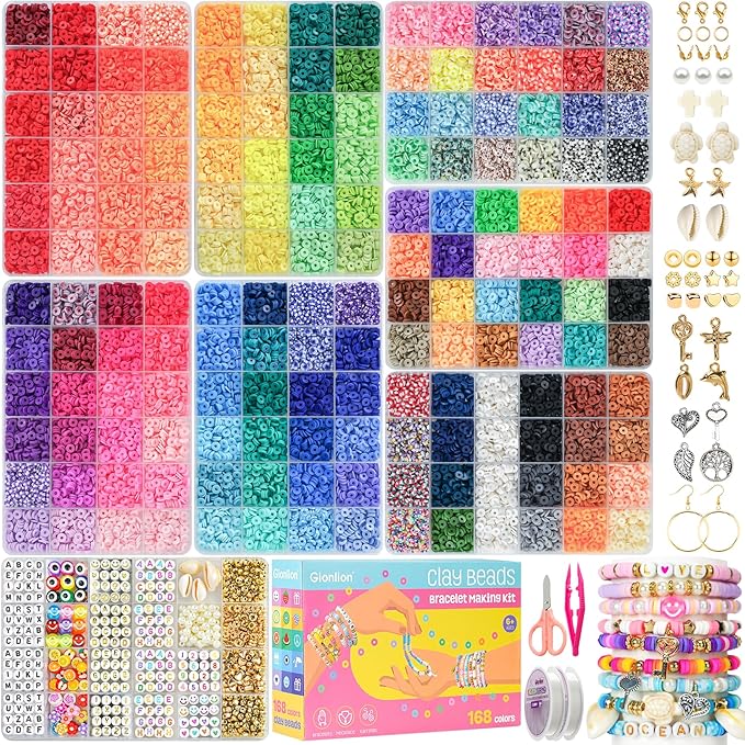 gionlion 30,000 pcs clay beads bracelet making kit, 168 colors 8 boxes flat preppy beads for friendship bracelets, jewelry kit with pendant charms elastic string crafts arts crafts gifts