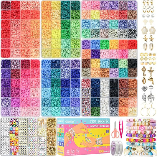 gionlion 30,000 pcs clay beads bracelet making kit, 168 colors 8 boxes flat preppy beads for friendship bracelets, jewelry kit with pendant charms elastic string crafts arts crafts gifts