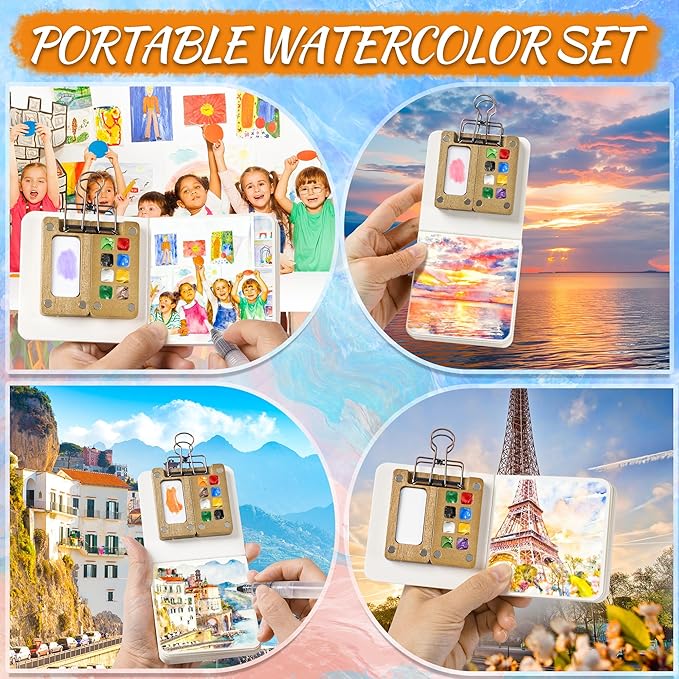 Mini Watercolor Paint set, Portable Watercolor Paint Travel Set, 12 Color Pocket Artist Watercolor Travel Kit with Picture Book, 8 Grids Portable Wooden Paint Palette for Painters, Artists, and Students