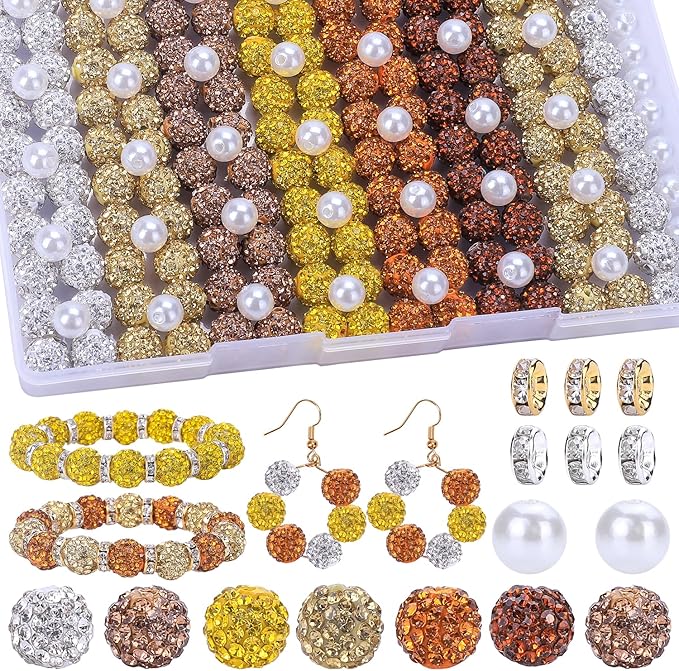 AIPRIDY Jewelry Making Beads Set, 300 PCS 10mm Rhinestone Clay Beads, 8mm Mixed Color Spacer Beads with Pearl and Floral Beads for DIY Jewelry Making (White + Yellow Series)
