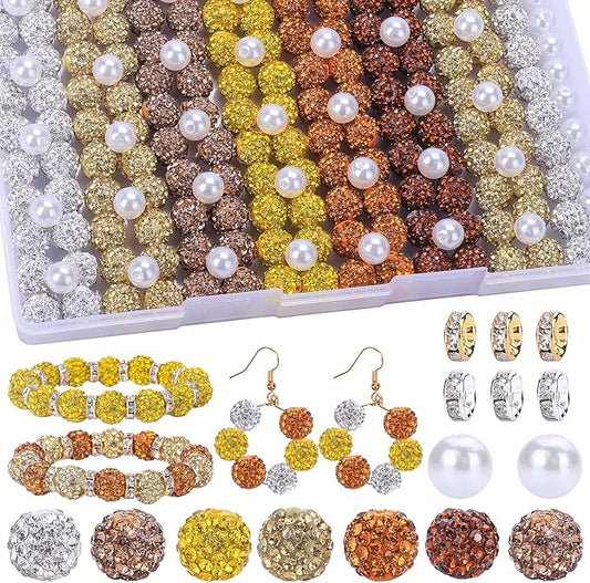 AIPRIDY Jewelry Making Beads Set, 300 PCS 10mm Rhinestone Clay Beads, 8mm Mixed Color Spacer Beads with Pearl and Floral Beads for DIY Jewelry Making (White + Yellow Series)