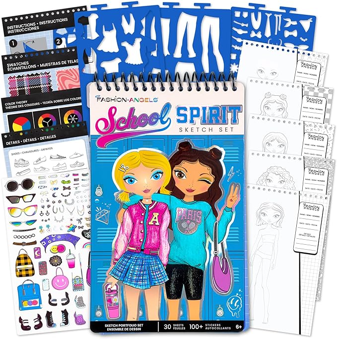 Fashion Angels School Spirit Sketch Set, Includes Sketch Pad with Stencils & Stickers, Fashion Design Sketch Book for Girls, Ideal Drawing Kit for Kids