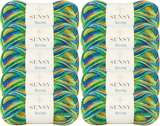 10 Skeins of Sensy Roving Multi Color Yarn, 3.5 oz, 132 Yards, Gauge 5 Bulky (Rainforests)