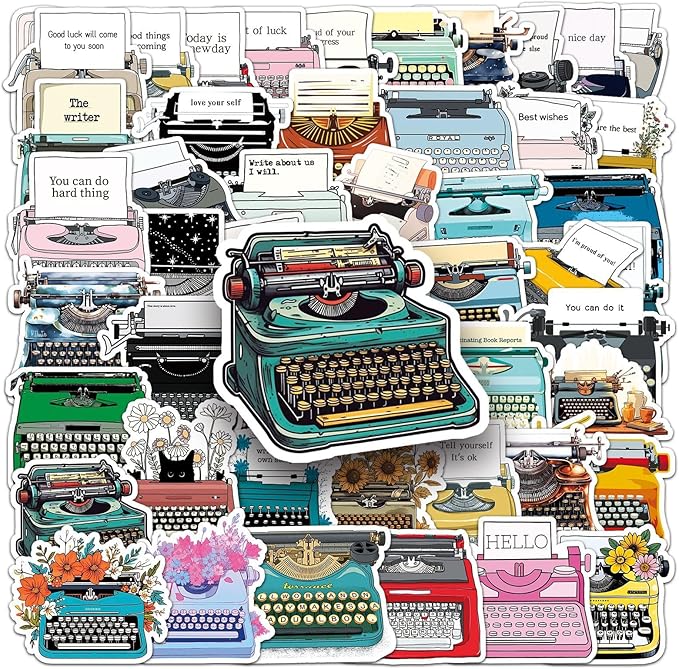 Retro Typewriter Stickers for Scrapbooking,50pcs Vintage Typewriter Decals, Waterproof Vinyl Stickers for Journals, Laptops, Home Decor, Ideal for Kids Adults
