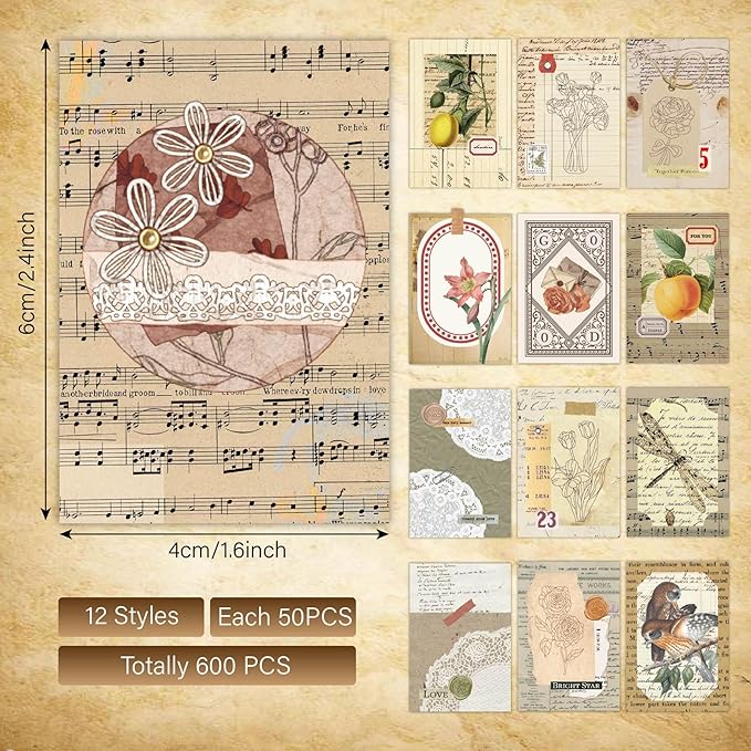 600 Sheets Vintage Washi Stickers, Scrapbook Stickers Journaling Supplies - Planner, Diary, Craft Gifts - Precut Ephemera Set for Scrapbooking & Junk Journaling (Vintage)