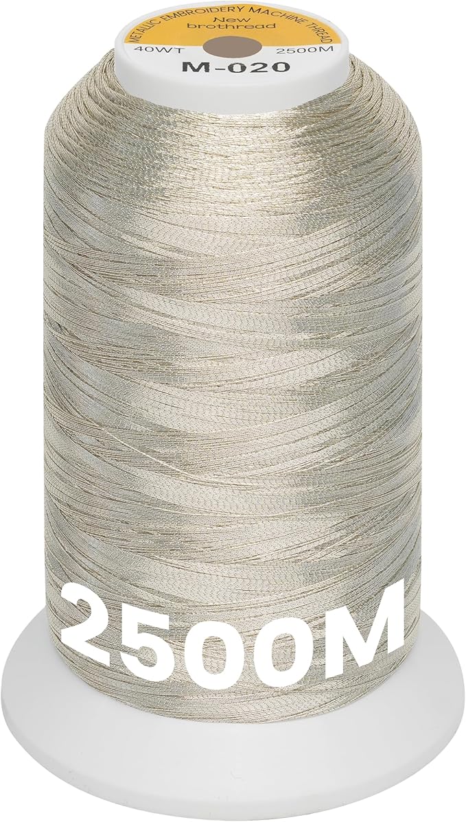 New brothread Single Huge Spool Metallic Embroidery Machine Thread 2500M (2735Y) Each for Commercial and Domestic Embroidery Machines - Light Silver M-020