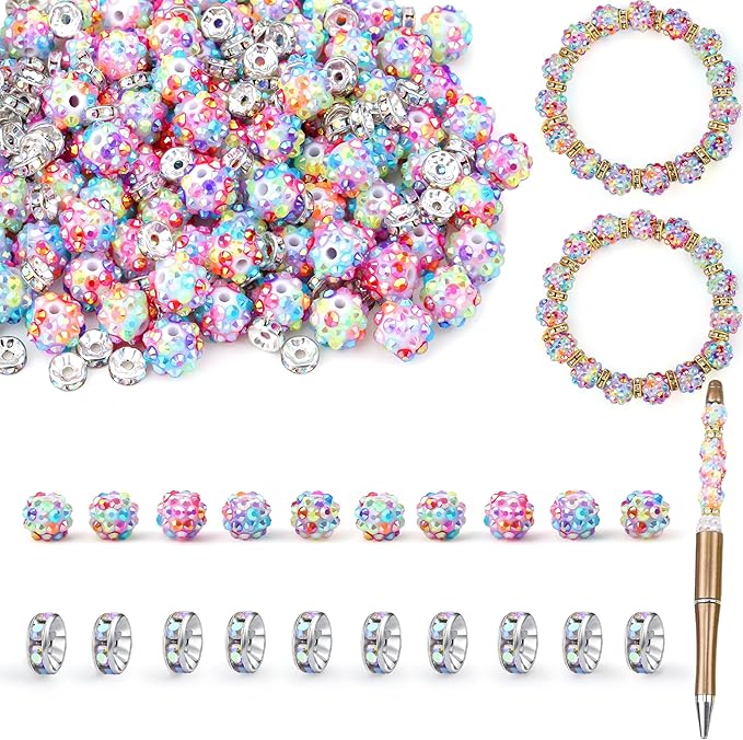 LAIDANLA 250pcs 12mm Colorful Rhinestone Beads and 8mm Rondelle Spacer Beads for Beadable Pens, Sparkly Shamballa Disco Ball Bead for Jewelry Making Bracelets Necklaces Earring DIY Craft