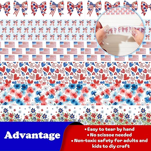 Patriotic Floral Washi Tape - 12 Rolls Red White Blue Flower Designs Acid Free Repositionable Adhesive Paper for Scrapbook Gift Wrapping Card Making Journal Independence Veterans Day Crafts
