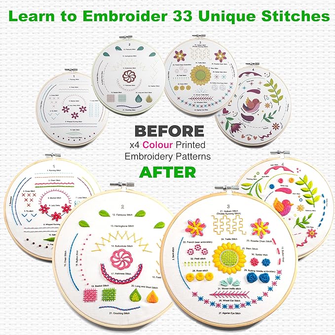 Azenera Beginner Embroidery Kit (4 Pack) Learn 33 Stitches with Easy DIY Video Tutorials, Coloured Design Patterns, Thread Floss, Cross Stitch Hoop, Gift (AZA100)