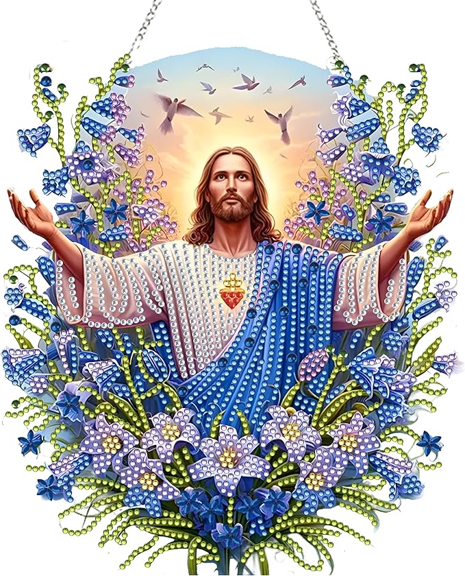 Diamond Art Hanging Kit for Adult,Special Shaped Rhinestone,DIY Acrylic Diamond Art Painting Window Pendants Home Garden Wall Hanging Kits Hanging Ornament,Double Sided (Jesus)