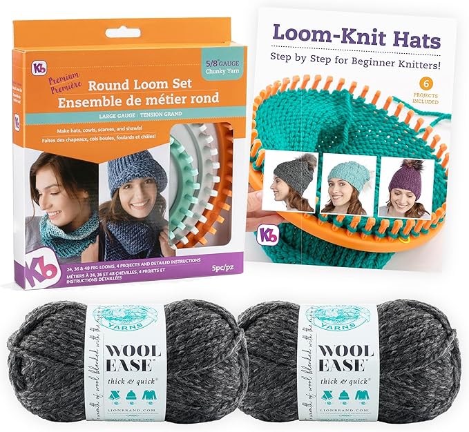 Authentic Knitting Board 'Premium' Round Knitting Looms Set (Chunky Round Loom Set with Yarn - Charcoal Color)