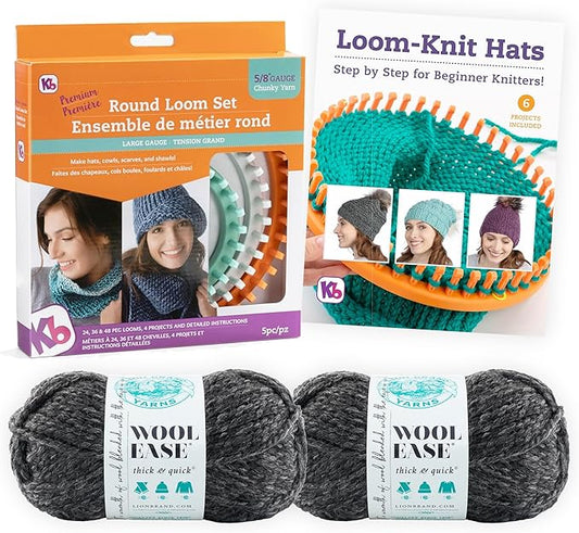 Authentic Knitting Board 'Premium' Round Knitting Looms Set (Chunky Round Loom Set with Yarn - Charcoal Color)