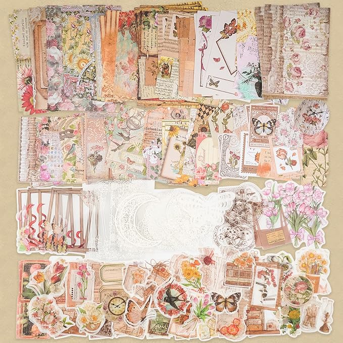 Knaid 200 Piece Vintage Ephemera Bundle - Paper & Sticker Kit for Junk Journaling, Scrapbooking, Planners, Bullet Journals, Collage, Decoupage - Cottagecore Themed - Pastel/Earthy Tones