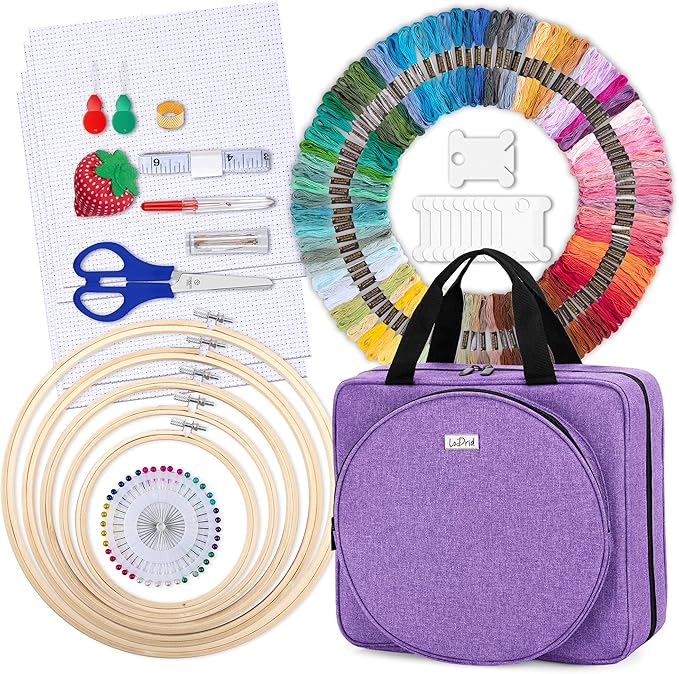 LoDrid Embroidery Kit, Embroidery Project Bag with Embroidery Kit, Portable Craft Carry Case with Starter Kit, Embroidery Supplies Storage Bag and Cross Stitch Kits for Beginner, Adults, Purple