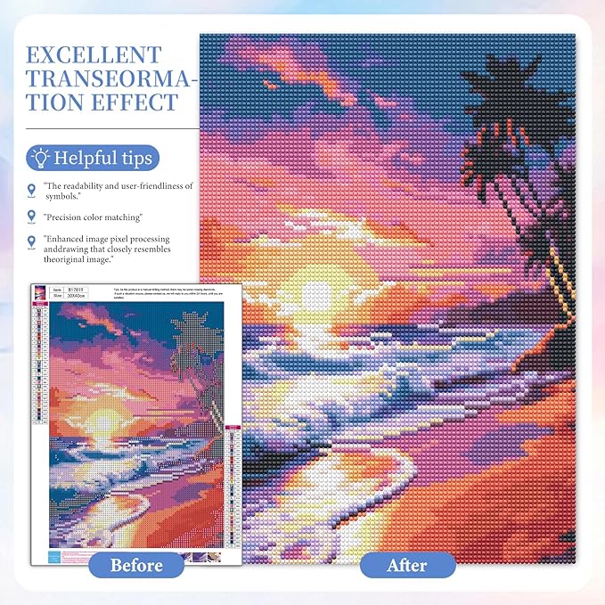 Camocin Diamond Art Kits for Adults Beach, 5D Sunset Landscape Diamond Painting Kits for Adults Beginners, DIY Beach Full Round Dots Drill Gem Art Kit for Gift Home Wall Decor 12 x 16 Inch