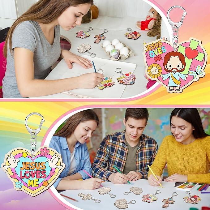 Trnayi 36 Pcs Christian Unfinished Crafts Color Your Own Jesus Loves Me Religious Keychains Wood DIY Coloring Crafts Gifts for Religious Painting DIY Arts Project Decoration