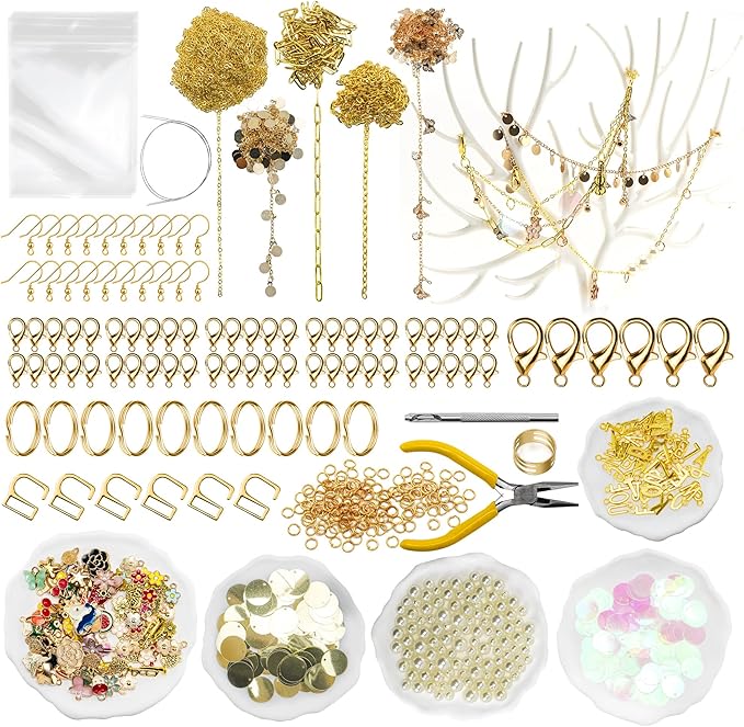 1014pcs Chains Jewelry Making Kit, DIY Keychain Earrings Bracelet Necklace Waist/Head/Thigh/foot/Shoes Chains Cup Charm,All in One Kit Contains Metal Chains Pendants Clasps Self-seal Bags for Gift