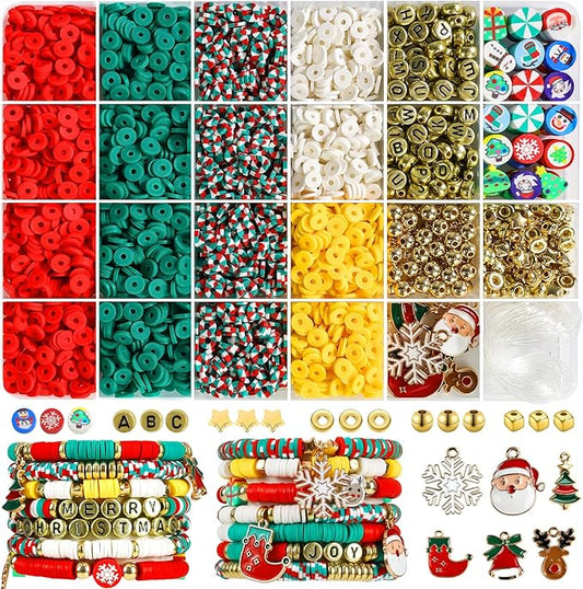 Redtwo Christmas Beads for Bracelets, 3000 Pcs Clay Beads Bracelat Making kit Golden Beads Christmas Crafts Decorations Charms for Jewelry Making, Gifts for Teen Girls Age 6-12