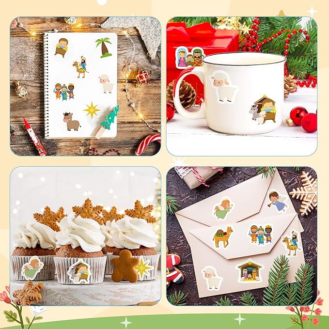 beyumi christmas nativity scene sticker - 1000pcs christmas religious stickers in 2 rolls waterproof vinyl xmas christian stickers jesus characters sheep donkey camel decals party laptop bottle decor
