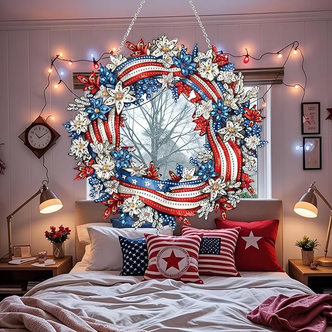 Diamond Art Hanging Kit for Adult,Special Shaped Rhinestone,Double Sided DIY Acrylic Diamond Art Painting Window Pendants Home Garden Wall Hanging Kits Hanging Ornament (Independence Day Wreath)