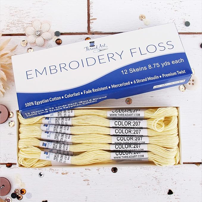 12 Skeins ThreadArt Premium Egyptian Long Fiber Cotton Embroidery Floss | Pale Yellow | 6 Strand Divisible Thread 8.75yds Each for Hand Embroidery, Friendship Bracelets, Cross Stitch and Crafts