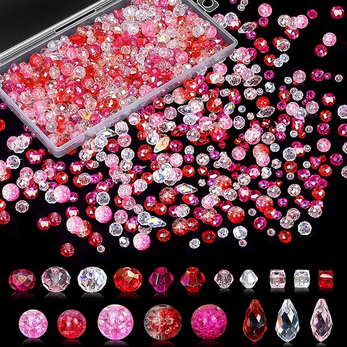 1000pcs Glass Beads for Jewelry Making Colorful Rainbow Craft Crystal Beads with Loose Beads Sparkly Beads for DIY Necklace Bracelet Earring(Red/Pink)