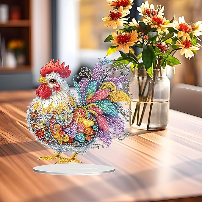 JJFox DIY Tabletop Diamond Art Painting Kit，Special Shaped Rhinestone Desk Placement Ornament，Home Stand Up Gem Painting Craft Kit，Gift，Double Sided. (Rooster-1)