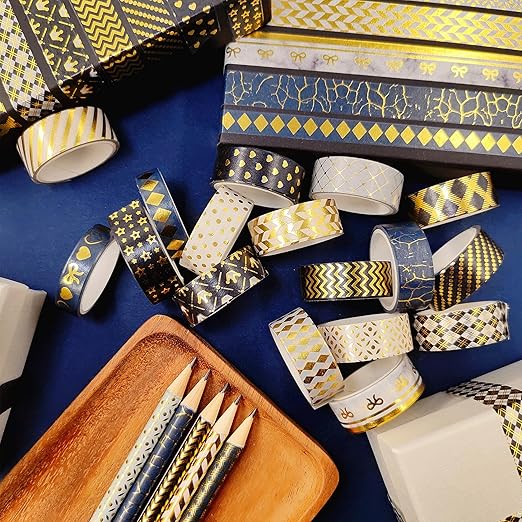 YUBBAEX 18 Rolls Black Gold Washi Tape Set Basic Patterns Foil Print Decorative Tapes for Arts, DIY Crafts, Bullet Journals, Planners, Scrapbook, Wrapping (15mm) (Black Gold Pack x 18 Rolls)