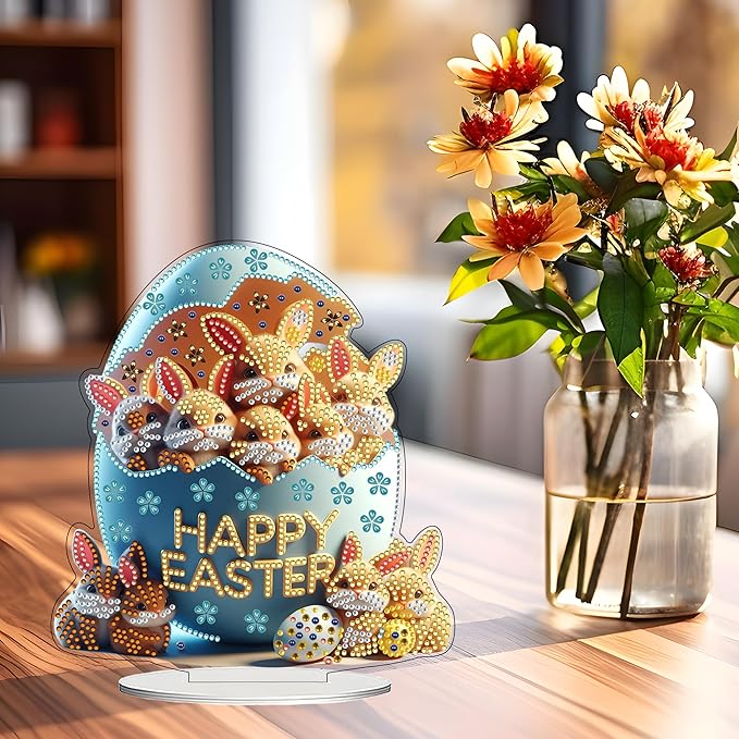 JJFox DIY Tabletop Diamond Art Painting Kit，Double Sided Desktop Ornament Special Shaped Rhinestone Desk Placement Ornament，Home Stand Up Gem Painting Craft Kit，Gift (Easter Egg Rabbit)