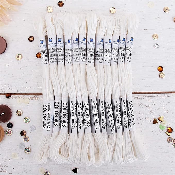 12 Skeins ThreadArt Premium Egyptian Long Fiber Cotton Embroidery Floss | White | 6 Strand Divisible Thread 8.75yds Each for Hand Embroidery, Friendship Bracelets, Cross Stitch and Crafts