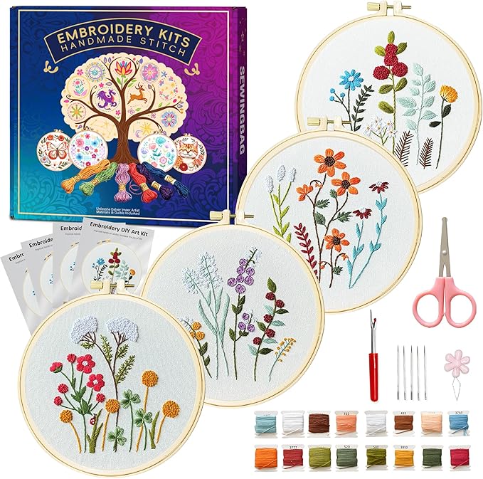 Huacan Embroidery Kit for Adults Beginner - Embroidery Kits for Adults Beginner 4 Pcs Stamped Floral Pattern, Hand Art Craft, DIY Sewing Kit with Box 7.9 x 7.9 Inch