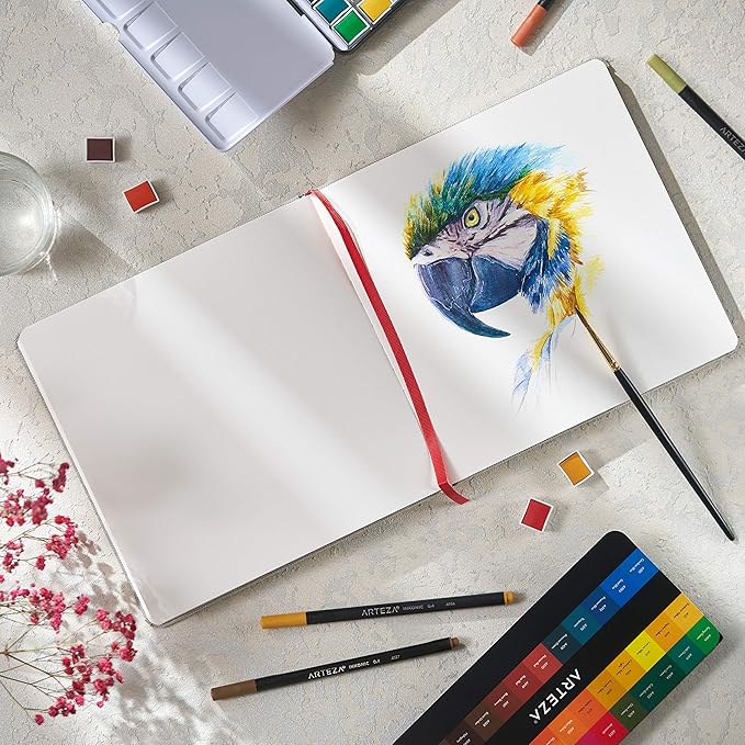 ARTEZA Watercolor Sketchbooks, Pack of 2, 8.25 x 8.25 Inches, 68 Sheets Each, 110 lb / 230 GSM, Cold Press, Dual-Sided, Acid-Free Linen-Bound Hardcover Books for Watercolor and Mixed Media