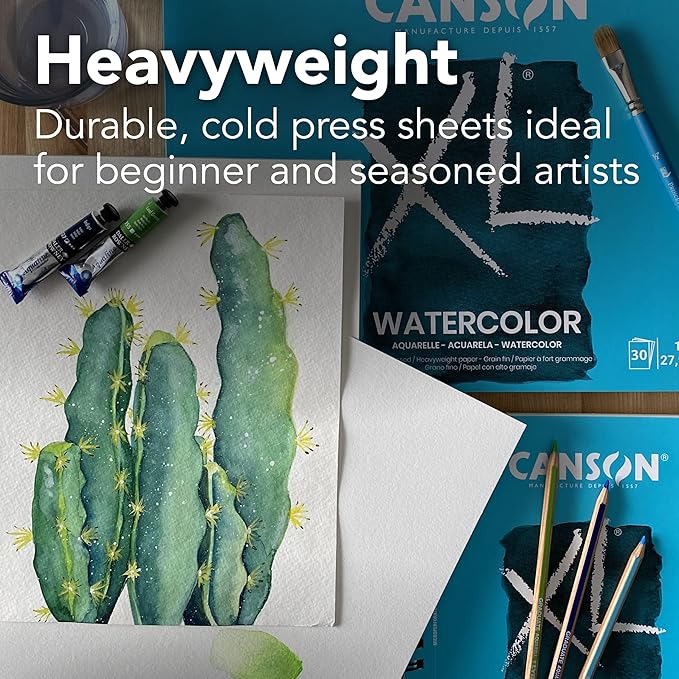 Canson XL Series Watercolor Textured Paper Pad for Paint, Pencil, Ink, Charcoal, Pastel, and Acrylic, Fold Over, 140 Pound,, 9” x 12”, 2 Pack, Fold Over Cover, 30 Sheets